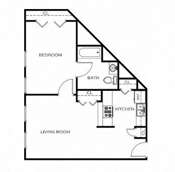 Floor plan for 1 bed, 1 bath, 714 sqft